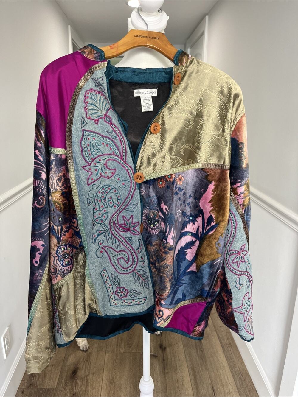 Womens Boho Velvet Jacket Size L Patchwork Artsy Floral Button Front Lined Silk
